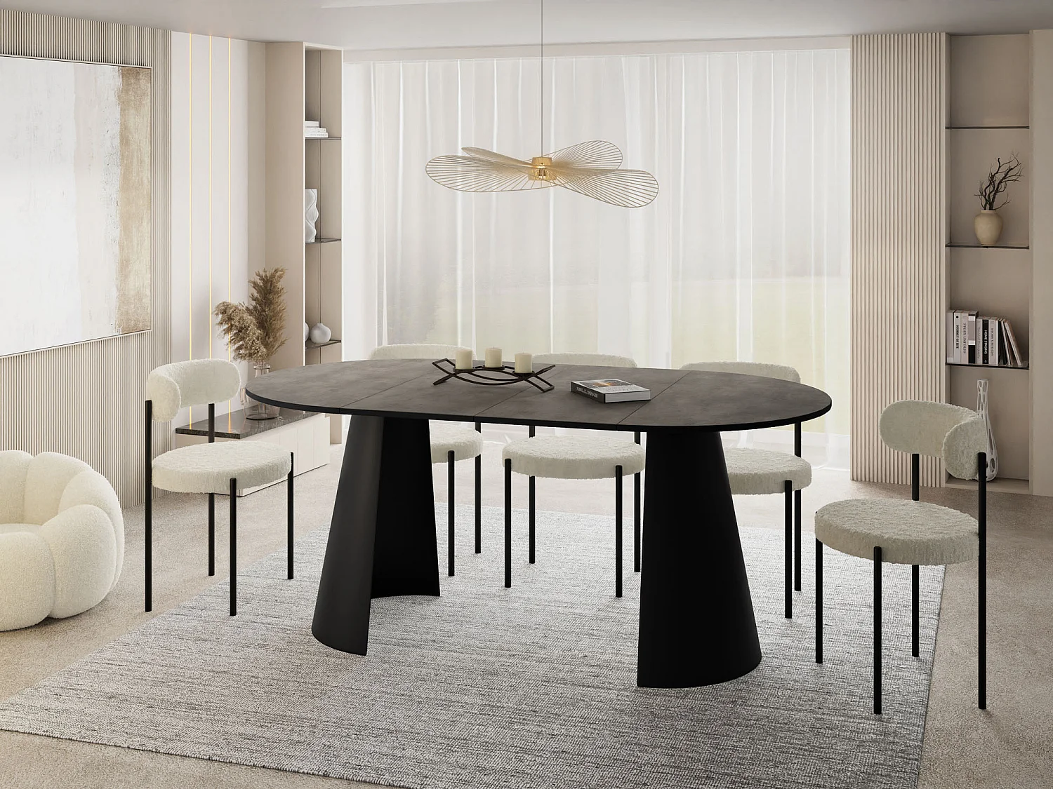 Esstisch Rund Ausziehbar im Loft-Stil – 100 cm – Industrieller Tisch mit Schwarzen Konischem Metallbeinen für 5-8 Personen, Wohnzimmer – Beton-Optik Dunkelgrau