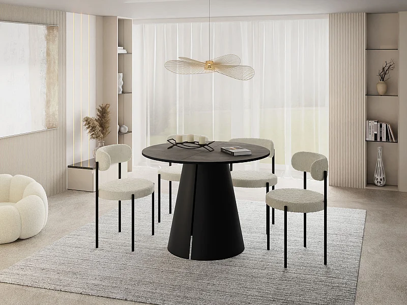 Esstisch Rund Ausziehbar im Loft-Stil – 100 cm – Industrieller Tisch mit Schwarzen Konischem Metallbeinen für 5-8 Personen, Wohnzimmer – Beton-Optik Dunkelgrau