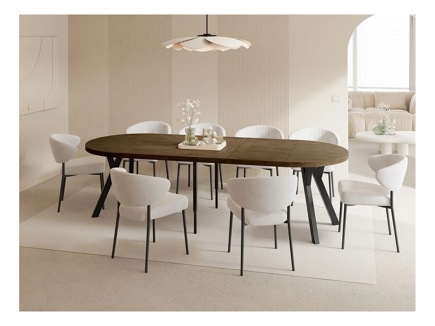 Esstisch Rund Groß XXL Ausziehbar im Loft-Stil – 100 bis 250 cm – Extra Lang Ausziehtisch mit Schwarzen Holzbeinen, für 5-14 Personen – Eiche Braun Rustikal