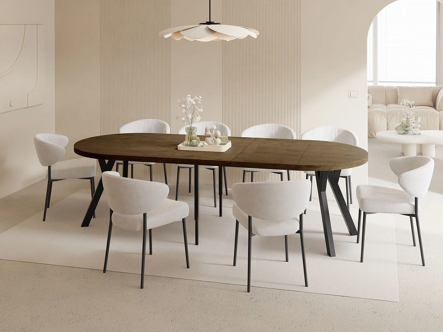 Esstisch Rund Groß XXL Ausziehbar im Loft-Stil – 100 bis 250 cm – Extra Lang Ausziehtisch mit Schwarzen Holzbeinen, für 5-14 Personen – Eiche Braun Rustikal