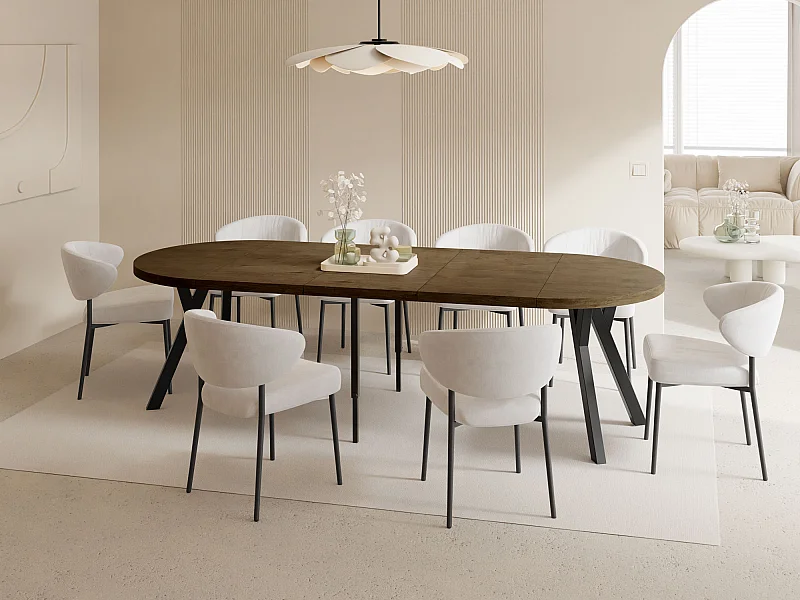 Esstisch Rund Groß XXL Ausziehbar im Loft-Stil – 100 bis 250 cm – Extra Lang Ausziehtisch mit Schwarzen Holzbeinen, für 5-14 Personen – Eiche Braun Rustikal