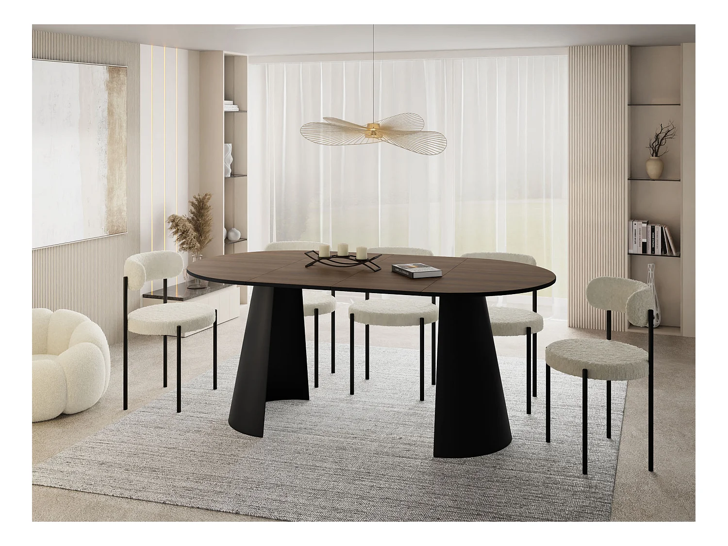 Table à Manger Ronde Extensible – 120 à 200 cm – Table Industrielle avec Pieds en Métal Coniques Noirs pour 6 à 10 Personnes – Gain de Place – Marron Noyer