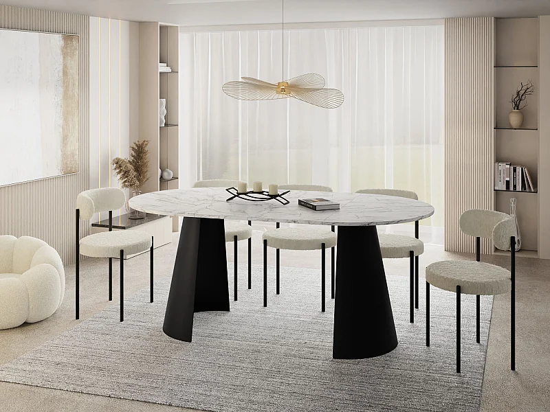 Table à Manger Ronde Extensible Loft – 120 à 200 cm – Table Industrielle avec Pieds en Métal Coniques Noirs pour 6 à 10 Personnes – Gain de Place – Marbre Blanc