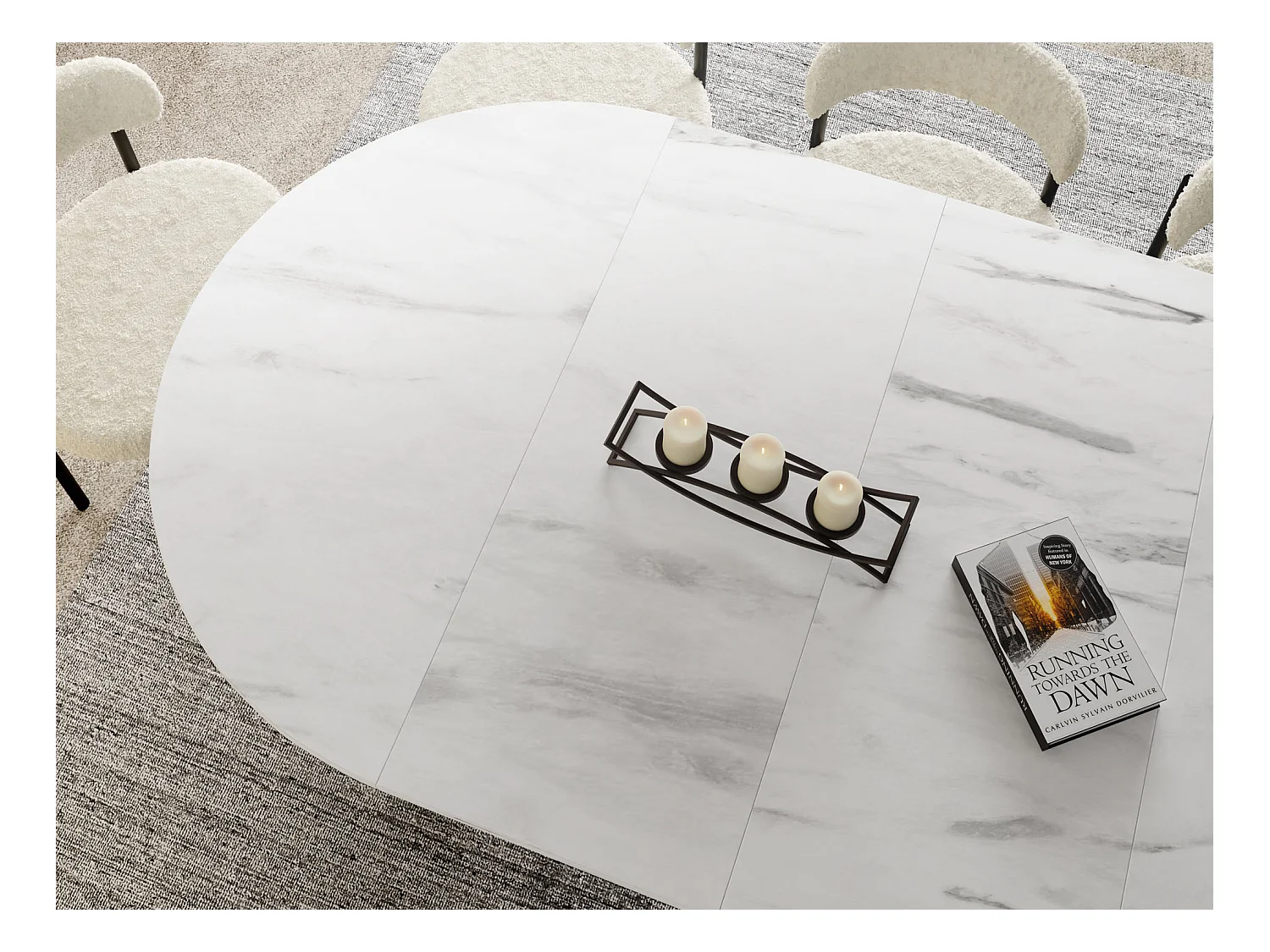 Table à Manger Ronde Extensible Loft – 120 à 200 cm – Table Industrielle avec Pieds en Métal Coniques Noirs pour 6 à 10 Personnes – Gain de Place – Marbre Blanc