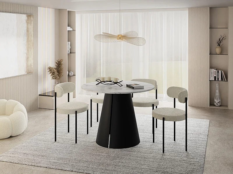 Table à Manger Ronde Extensible Loft – 120 à 200 cm – Table Industrielle avec Pieds en Métal Coniques Noirs pour 6 à 10 Personnes – Gain de Place – Marbre Blanc