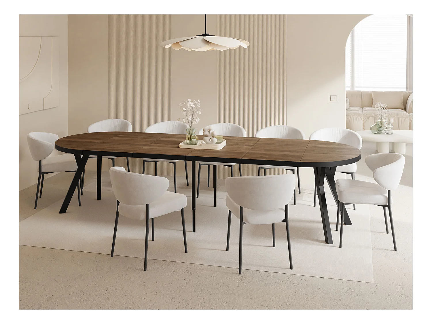 Esstisch Rund Groß XXL Ausziehbar im Loft-Stil – 100 bis 300 cm – Extra Lang Ausziehtisch mit Schwarzen Holzbeinen, für 5-16 Personen – Eiche Dunkelbraun Rustikal