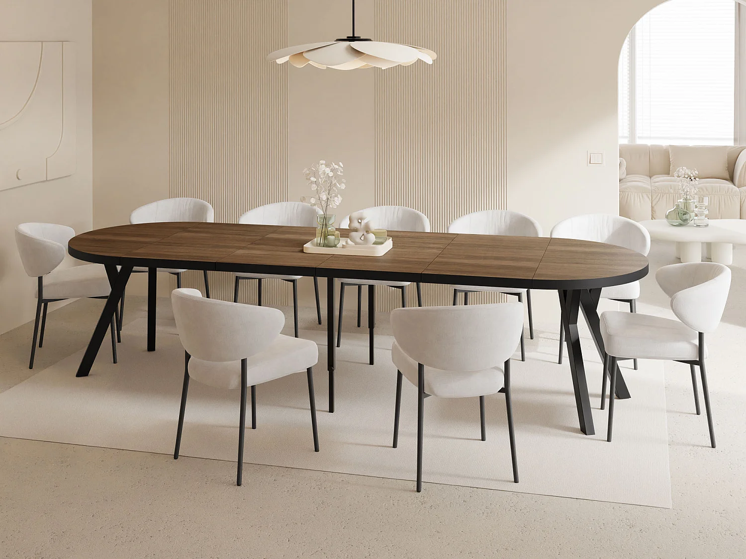Esstisch Rund Groß XXL Ausziehbar im Loft-Stil – 100 bis 300 cm – Extra Lang Ausziehtisch mit Schwarzen Holzbeinen, für 5-16 Personen – Eiche