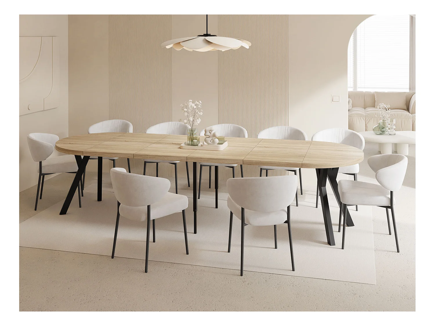 Esstisch Rund Groß XXL Ausziehbar im Loft-Stil – 100 bis 300 cm – Extra Lang Ausziehtisch mit Schwarzen Holzbeinen, Tisch für 5-16 Personen – Eiche Hell Braun