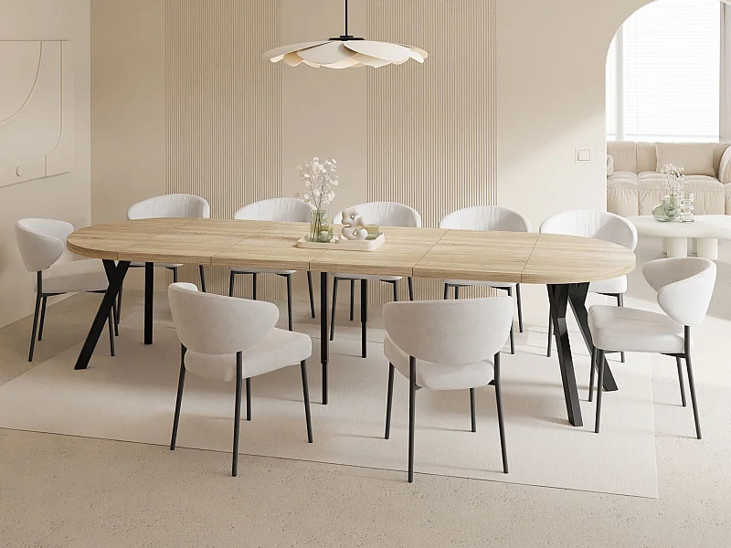 Esstisch Rund Groß XXL Ausziehbar im Loft-Stil – 100 bis 300 cm – Extra Lang Ausziehtisch mit Schwarzen Holzbeinen, Tisch für 5-16 Personen – Eiche Hell Braun