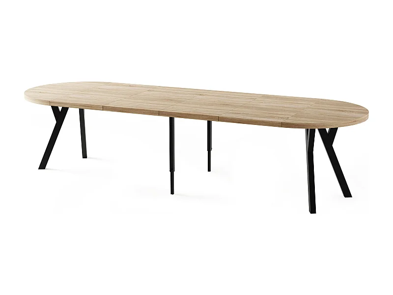 Esstisch Rund Groß XXL Ausziehbar im Loft-Stil – 100 bis 300 cm – Extra Lang Ausziehtisch mit Schwarzen Holzbeinen, Tisch für 5-16 Personen – Eiche Hell Braun