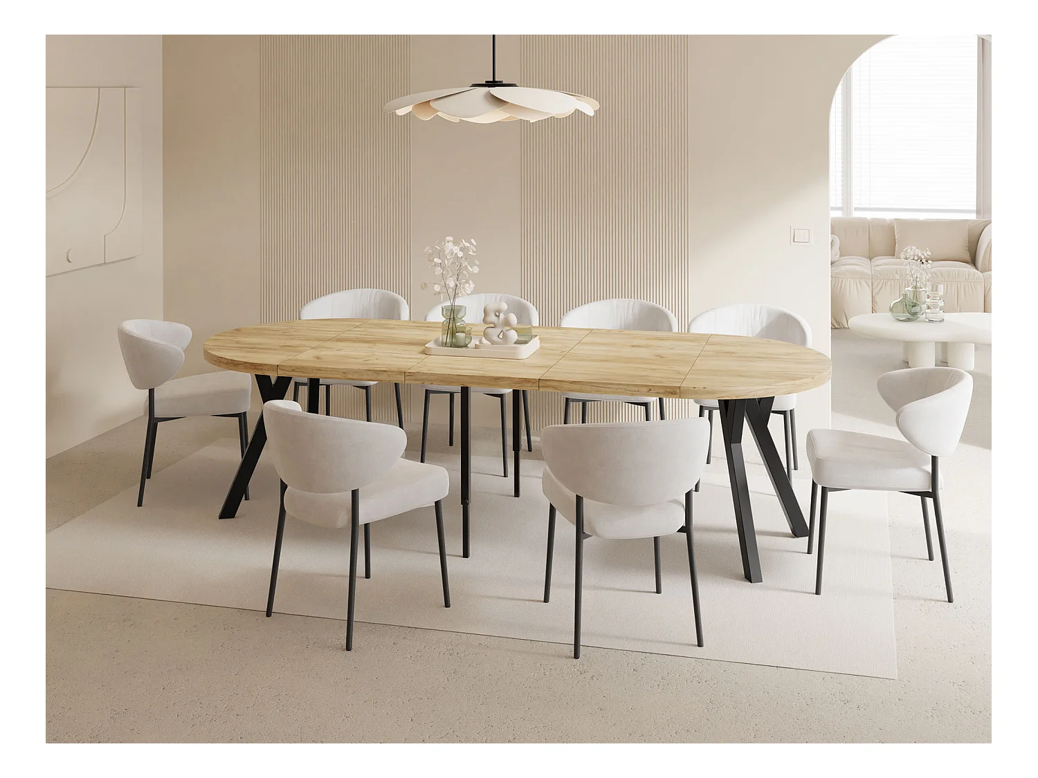 Esstisch Rund Groß XXL Ausziehbar im Loft-Stil – 100 bis 250 cm – Extra Lang Ausziehtisch mit Schwarzen Holzbeinen, Tisch für 5-14 Personen – Eiche Hell Braun