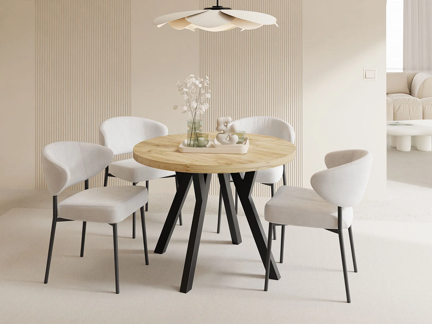 Esstisch Rund Groß XXL Ausziehbar im Loft-Stil – 100 bis 250 cm – Extra Lang Ausziehtisch mit Schwarzen Holzbeinen, Tisch für 5-14 Personen – Eiche Hell Braun