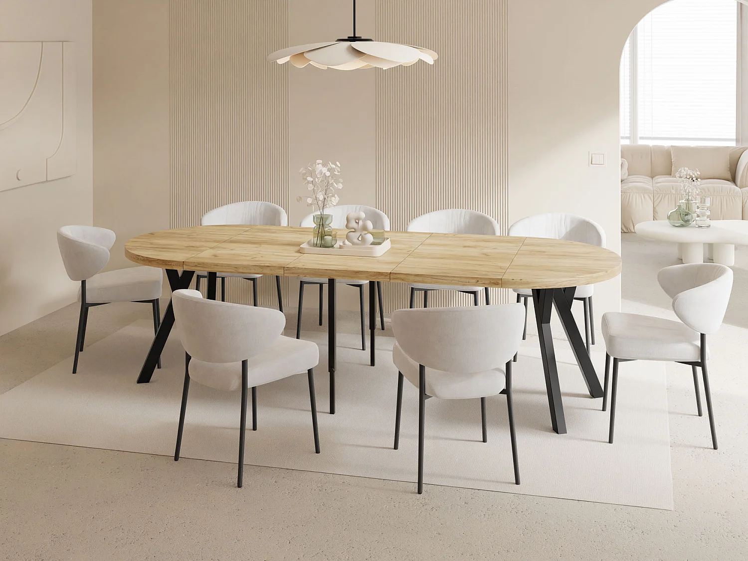 Esstisch Rund Groß XXL Ausziehbar im Loft-Stil – 100 bis 250 cm – Extra Lang Ausziehtisch mit Schwarzen Holzbeinen, Tisch für 5-14 Personen – Eiche Hell Braun