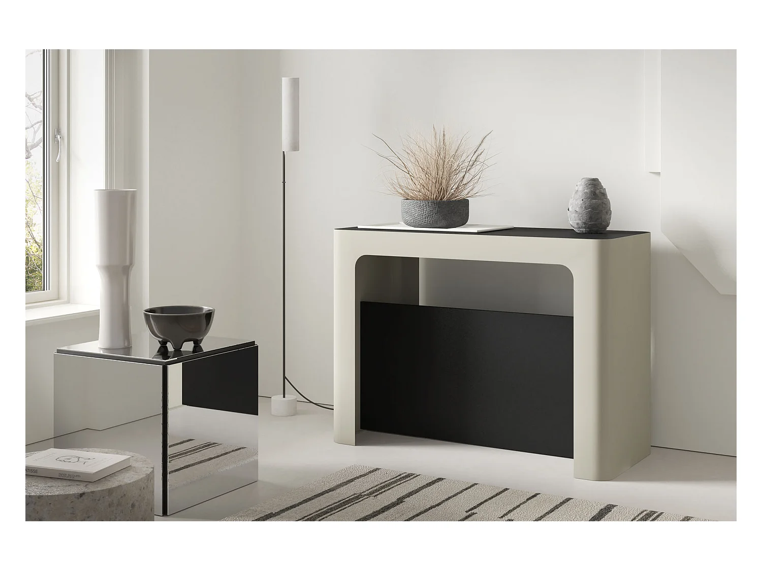 Table Console Extensible Design Moderne – Jusqu'à 300 cm – Style Industriel avec Pieds en Métal Beige Cashmere – Gain de Place pour Salon ou Salle à Manger – Noir