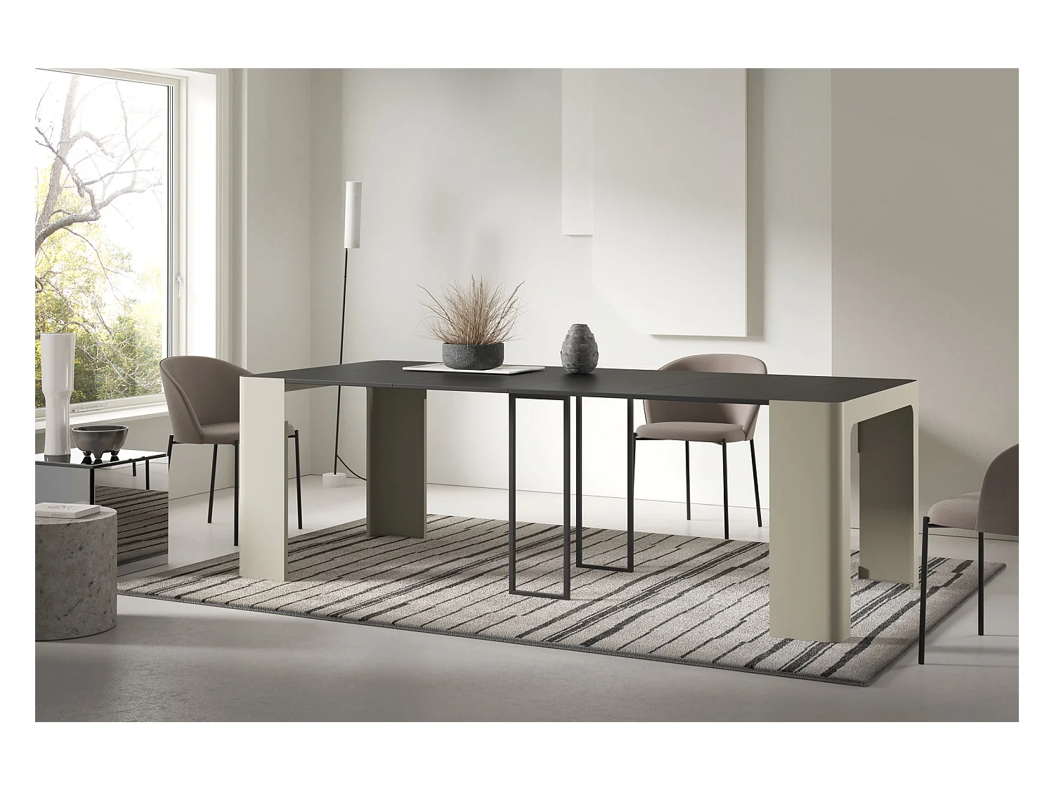 Table Console Extensible Design Moderne – Jusqu'à 300 cm – Style Industriel avec Pieds en Métal Beige Cashmere – Gain de Place pour Salon ou Salle à Manger – Noir