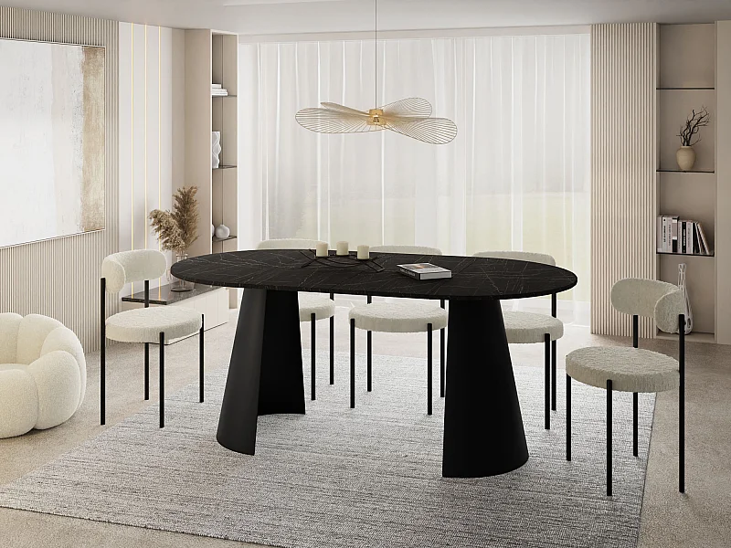 Table à Manger Ronde Extensible Style Loft – 120 à 200cm – Table Industrielle avec Pieds en Métal Coniques Noirs pour 6 à 10 Personnes – Gain de Place – Marbre Noir