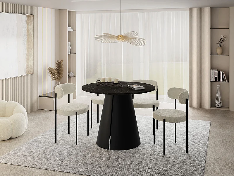 Esstisch Rund Ausziehbar im Loft-Stil – 120 cm – Industrieller Tisch mit Schwarzen Konischem Metallbeinen für 6-10 Personen, Wohnzimmer Esszimmer – Marmor Schwarz