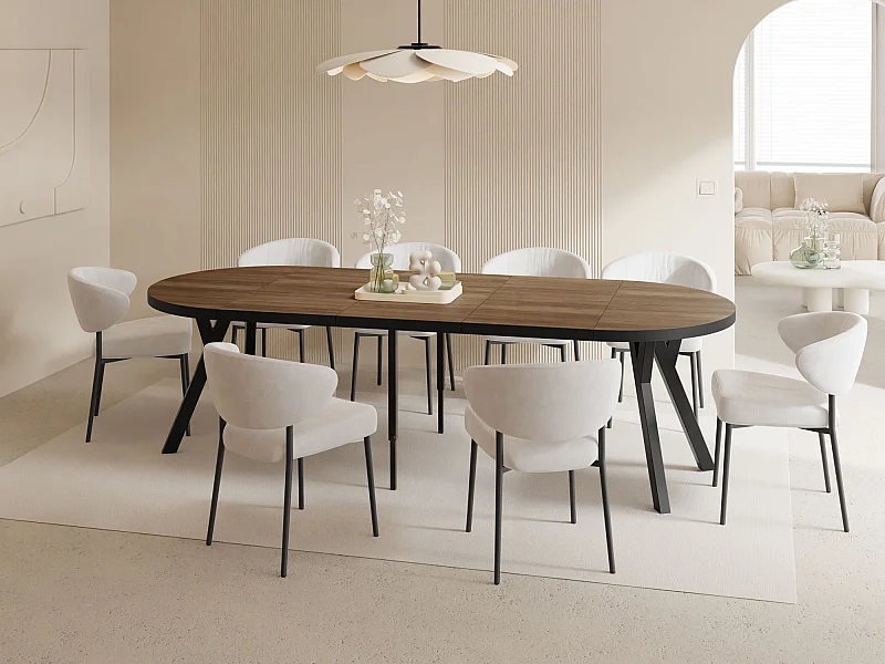 Esstisch Rund Groß XXL Ausziehbar im Loft-Stil – 100 bis 250 cm – Extra Lang Ausziehtisch mit Schwarzen Holzbeinen, für 5-14 Personen – Eiche Dunkelbraun Rustikal