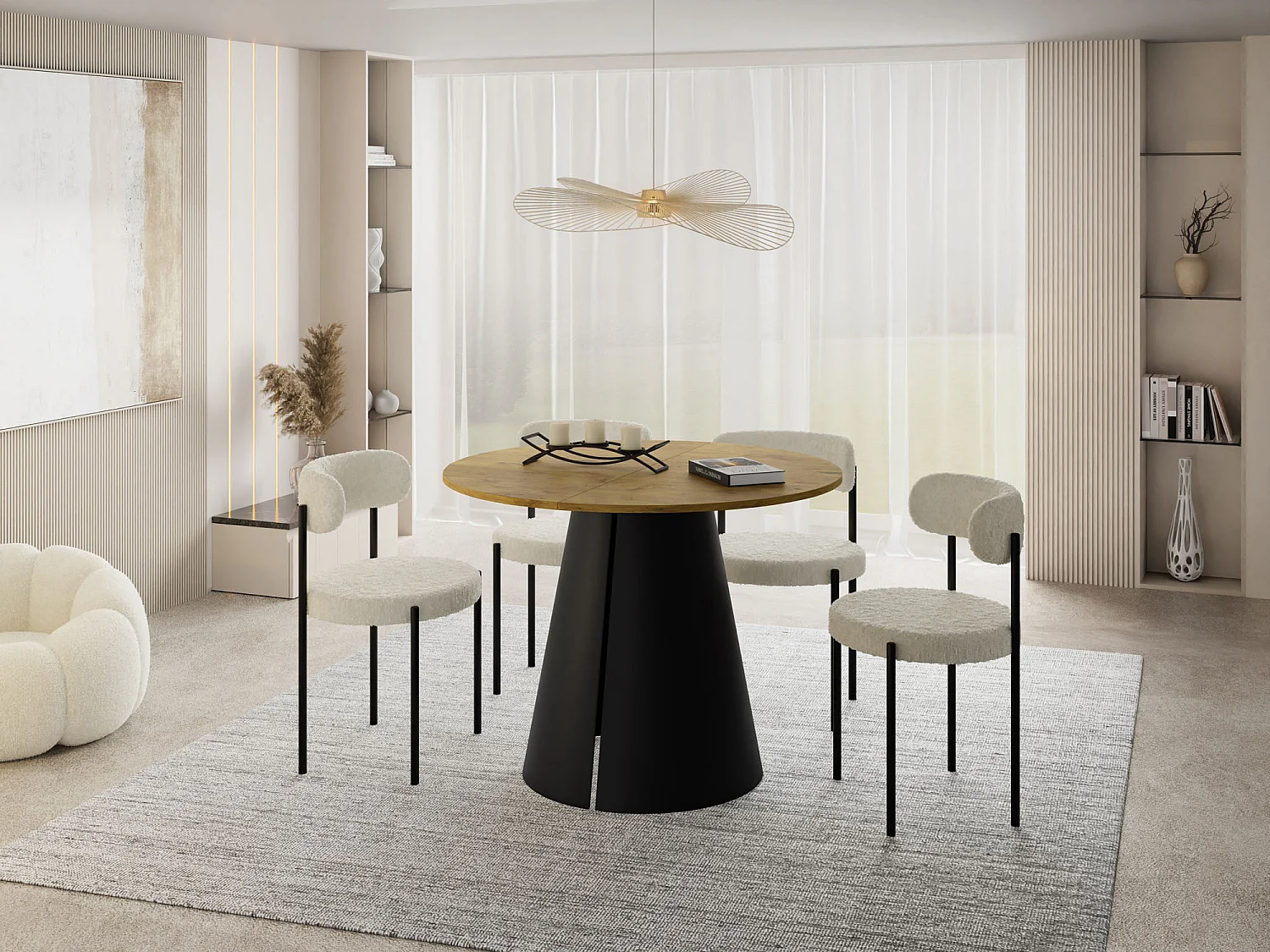 Esstisch Rund Ausziehbar im Loft-Stil – 120 cm – Industrieller Tisch mit Schwarzen Konischem Metallbeinen für 6-10 Personen, Wohnzimmer Esszimmer – Eiche Hell Braun