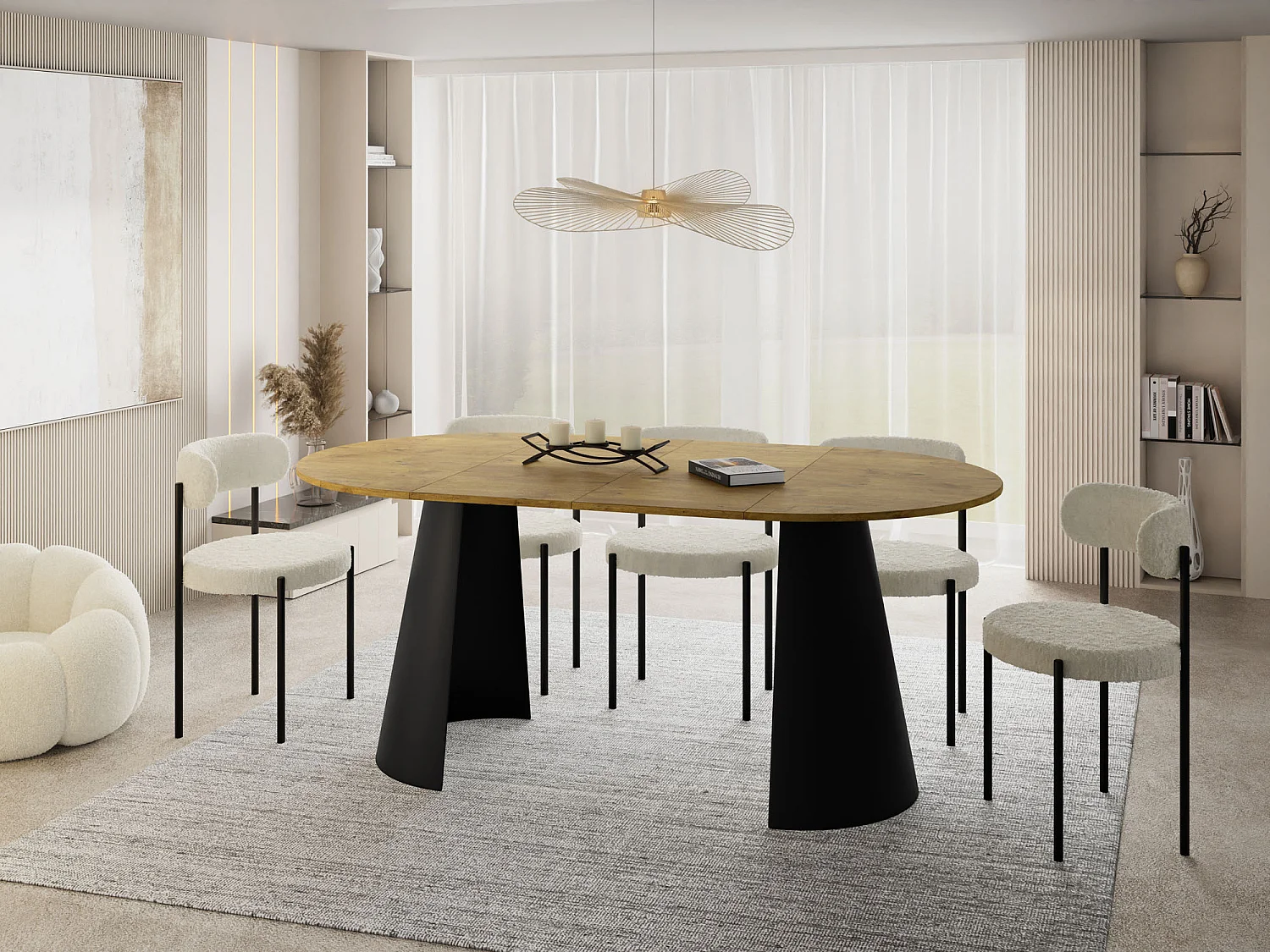 Esstisch Rund Ausziehbar im Loft-Stil – 120 cm – Industrieller Tisch mit Schwarzen Konischem Metallbeinen für 6-10 Personen, Wohnzimmer Esszimmer – Eiche Hell Braun