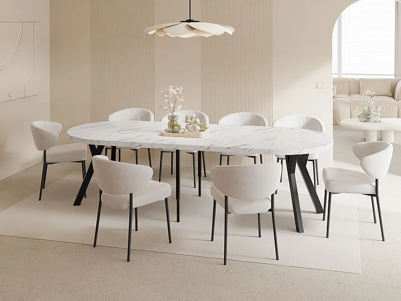 Table à Manger Ronde Extensible XXL Style Loft – 100 à 250 cm – Grande Table avec Pieds en Bois Noir – Table Extra Longue pour 5 à 14 Personnes – Marbre Blanc