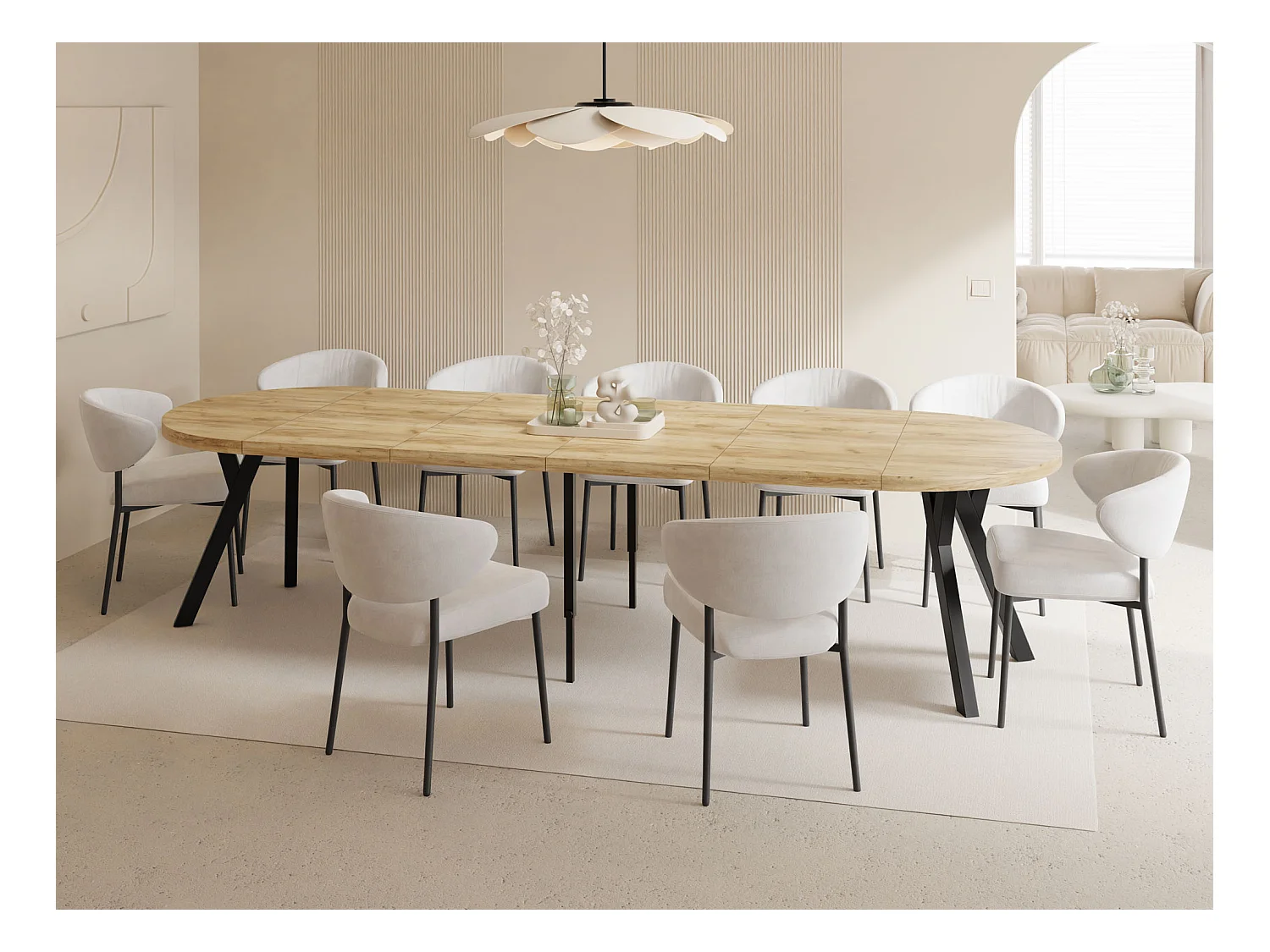 Esstisch Rund Groß XXL Ausziehbar im Loft-Stil – 100 bis 300 cm – Extra Lang Ausziehtisch mit Schwarzen Holzbeinen, Tisch für 5-16 Personen – Eiche Hell Braun