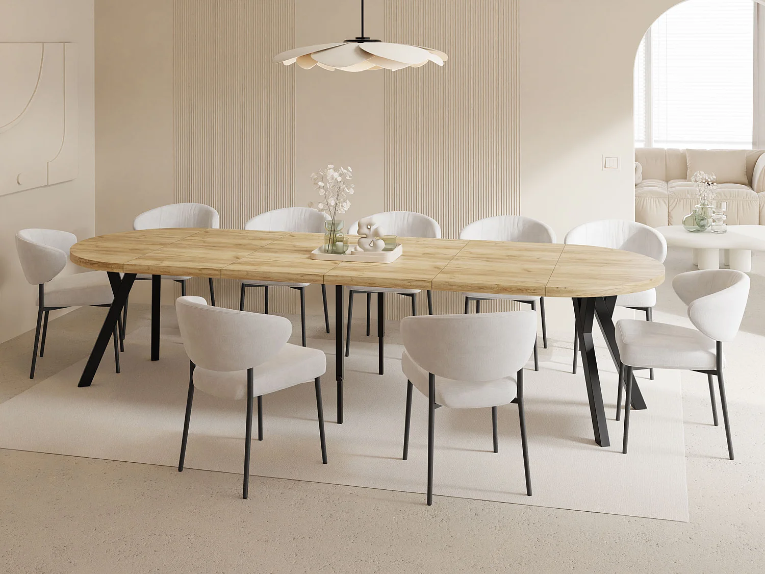 Esstisch Rund Groß XXL Ausziehbar im Loft-Stil – 100 bis 300 cm – Extra Lang Ausziehtisch mit Schwarzen Holzbeinen, Tisch für 5-16 Personen – Eiche Hell Braun