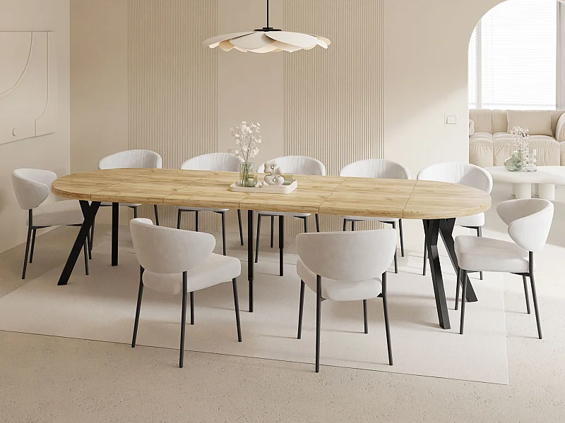 Esstisch Rund Groß XXL Ausziehbar im Loft-Stil – 100 bis 300 cm – Extra Lang Ausziehtisch mit Schwarzen Holzbeinen, Tisch für 5-16 Personen – Eiche Hell Braun