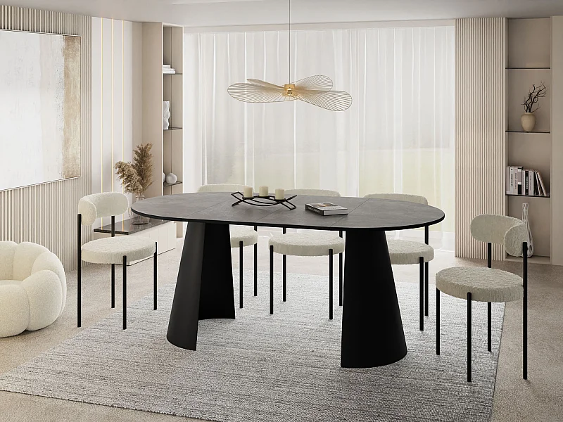 Table à Manger Ronde Extensible Style Loft – 100 à 180 cm – Table Industrielle avec Pieds en Métal Coniques Noirs pour 5 à 8 Personnes – Gain de Place – Béton Gris