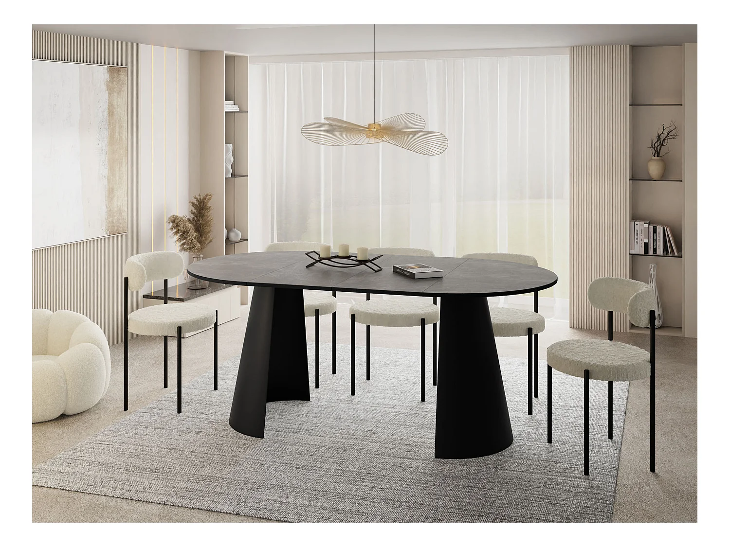 Esstisch Rund Ausziehbar im Loft-Stil – 100 cm – Industrieller Tisch mit Schwarzen Konischem Metallbeinen für 5-8 Personen, Wohnzimmer Esszimmer – Grauer Beton