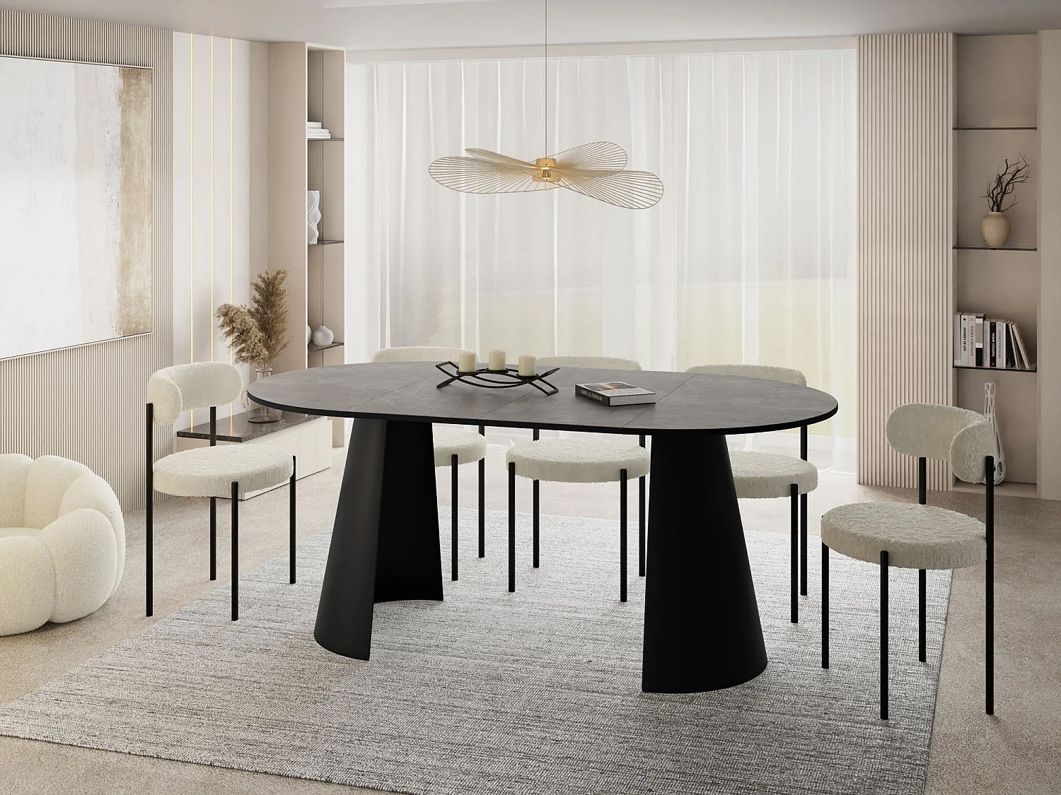 Esstisch Rund Ausziehbar im Loft-Stil – 100 cm – Industrieller Tisch mit Schwarzen Konischem Metallbeinen für 5-8 Personen, Wohnzimmer Esszimmer – Grauer Beton