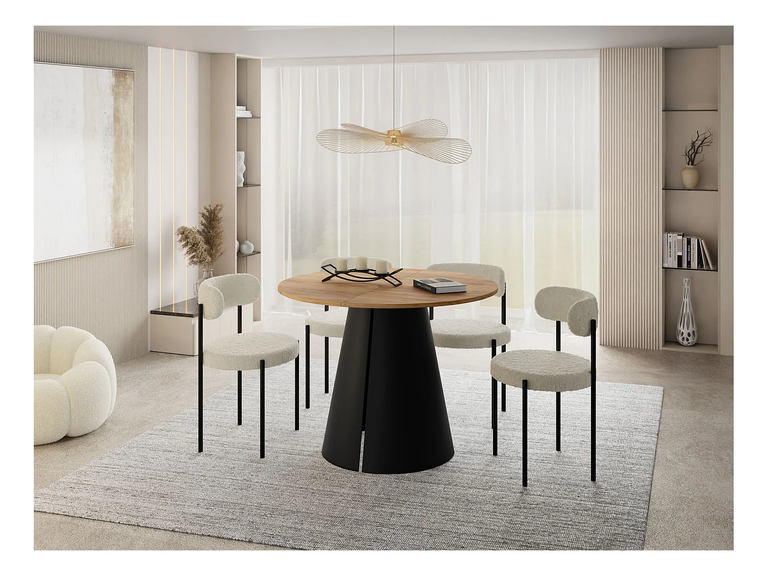 Table à Manger Ronde Extensible – 100 à 180 cm – Table Industrielle avec Pieds en Métal Coniques Noirs pour 5 à 8 Personnes – Gain de Place – Chêne Marron Clair