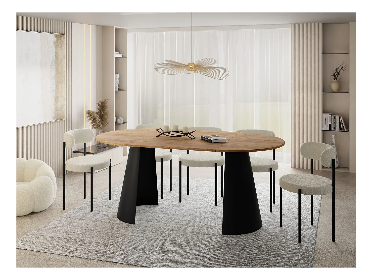 Esstisch Rund Ausziehbar im Loft-Stil – 100 cm – Industrieller Tisch mit Schwarzen Konischem Metallbeinen für 5-8 Personen, Wohnzimmer Esszimmer – Eiche Hell Braun