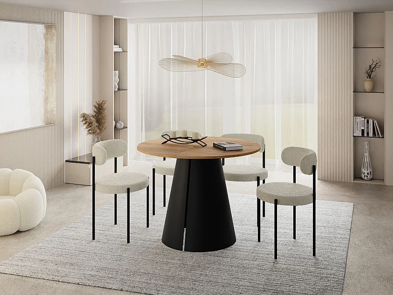 Table à Manger Ronde Extensible – 100 à 180 cm – Table Industrielle avec Pieds en Métal Coniques Noirs pour 5 à 8 Personnes – Gain de Place – Chêne Marron Clair