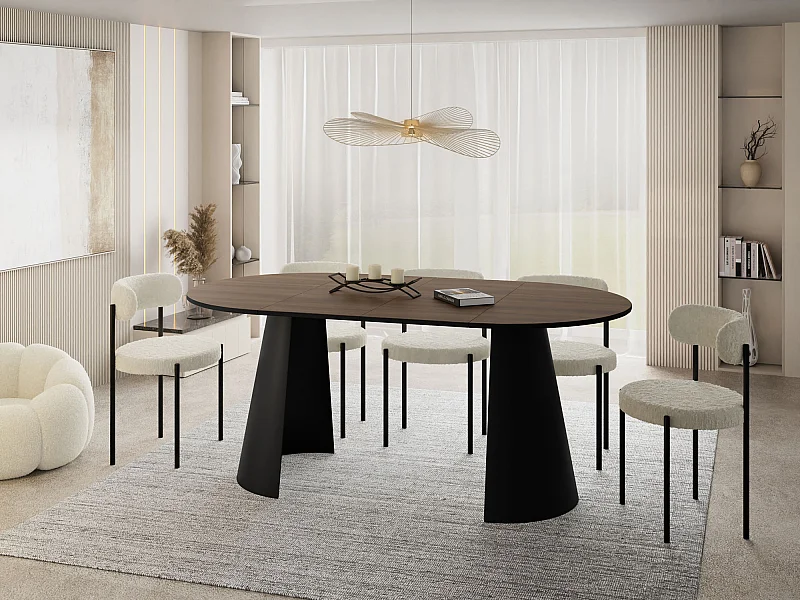 Table à Manger Ronde Extensible – 100 à 180 cm – Table Industrielle avec Pieds en Métal Coniques Noirs pour 5 à 8 Personnes – Gain de Place – Marron Noyer