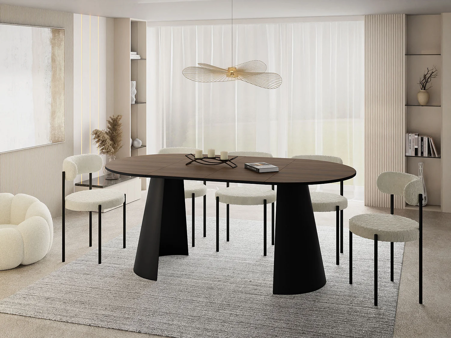 Esstisch Rund Ausziehbar im Loft-Stil – 100 cm – Industrieller Tisch mit Schwarzen Konischem Metallbeinen für 5-8 Personen, Wohnzimmer Esszimmer – Walnuss Braun