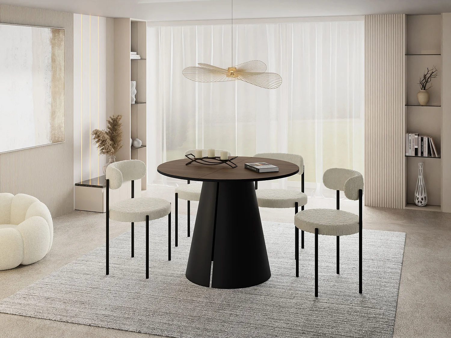 Esstisch Rund Ausziehbar im Loft-Stil – 100 cm – Industrieller Tisch mit Schwarzen Konischem Metallbeinen für 5-8 Personen, Wohnzimmer Esszimmer – Walnuss Braun