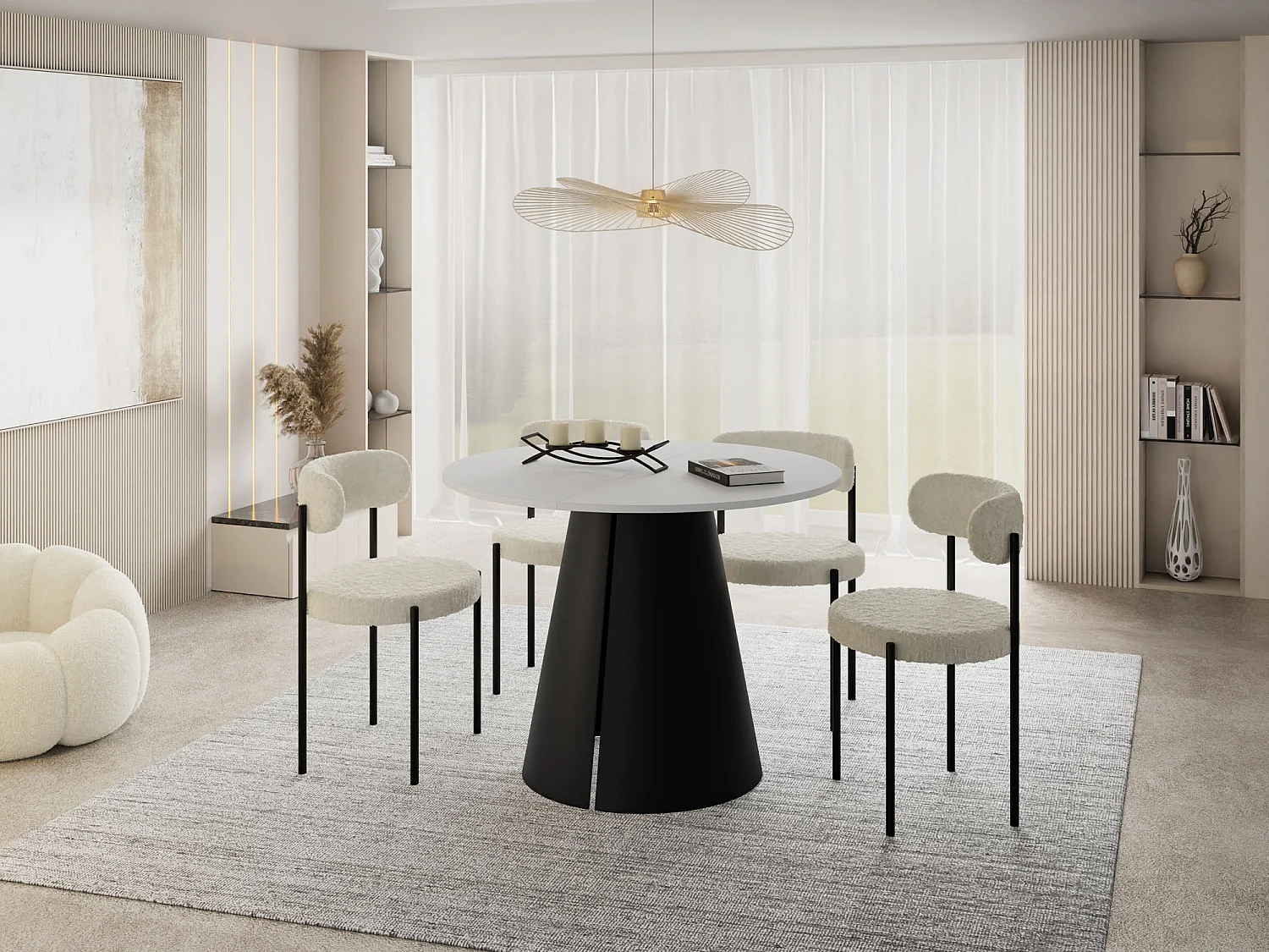 Esstisch Rund Ausziehbar im Loft-Stil – 100 cm – Industrieller Tisch mit Schwarzen Konischem Metallbeinen für 5-8 Personen, Wohnzimmer Esszimmer – Weiß