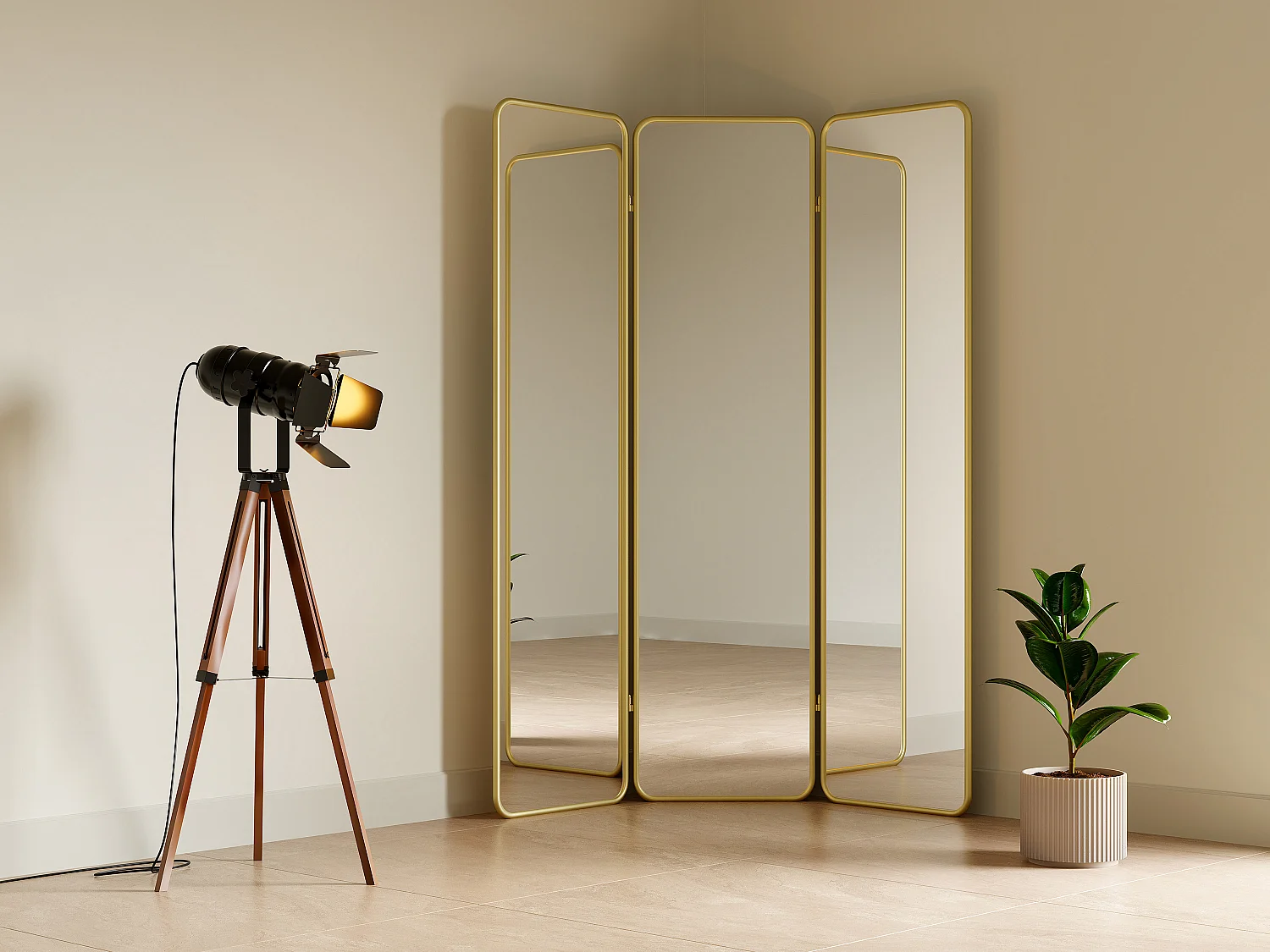 Paravent miroir 3 pans en métal - L. 146 x H. 180 cm - Doré - MIROLY