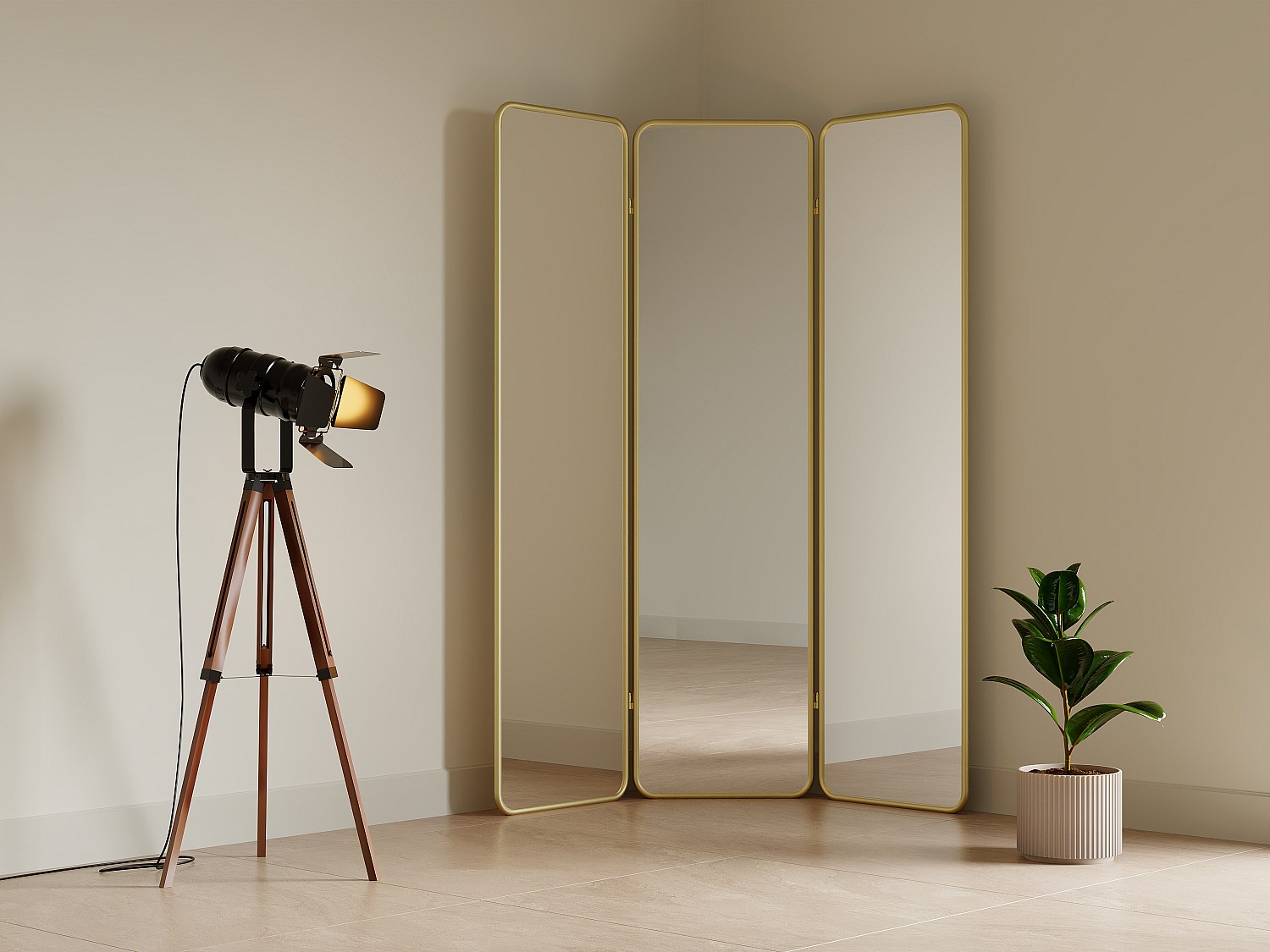 Speilskjerm 3-delt i metall - B. 146 x H. 180 cm - Gull - MIROLY