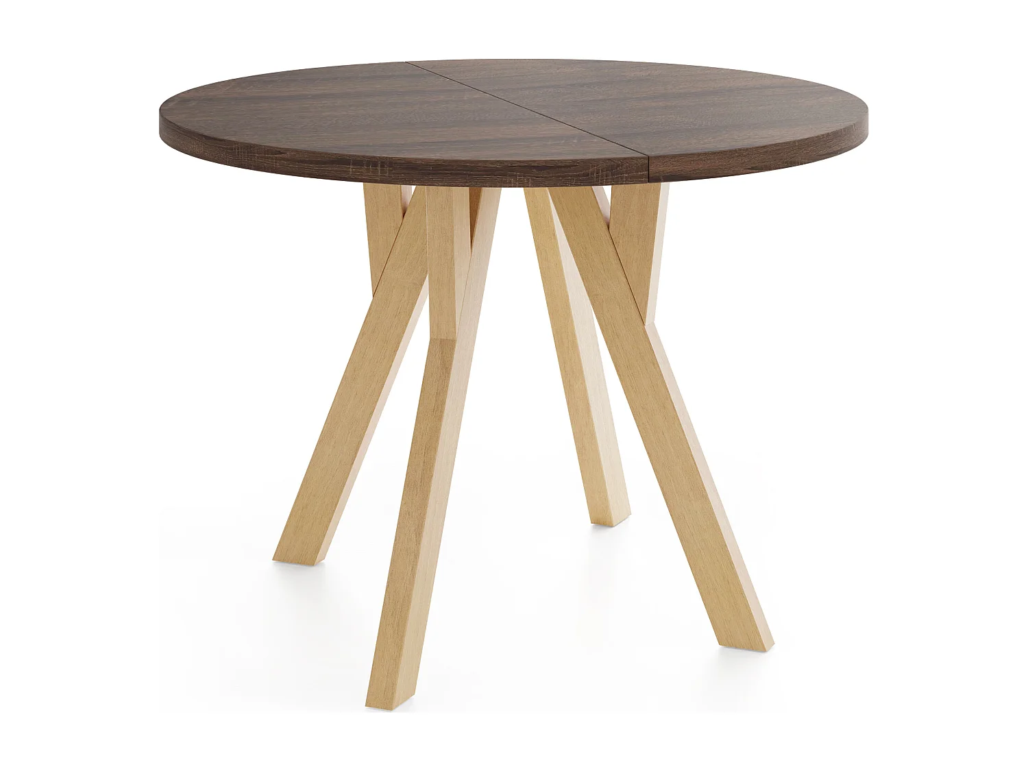 Runder Ausziehbarer Esstisch im Loft-Stil – Industrieller Tisch mit Holzbeinen – Platzsparender Tisch für Wohnzimmer – Eiche Sonoma Dunkelbraun – 90 bis 190 cm