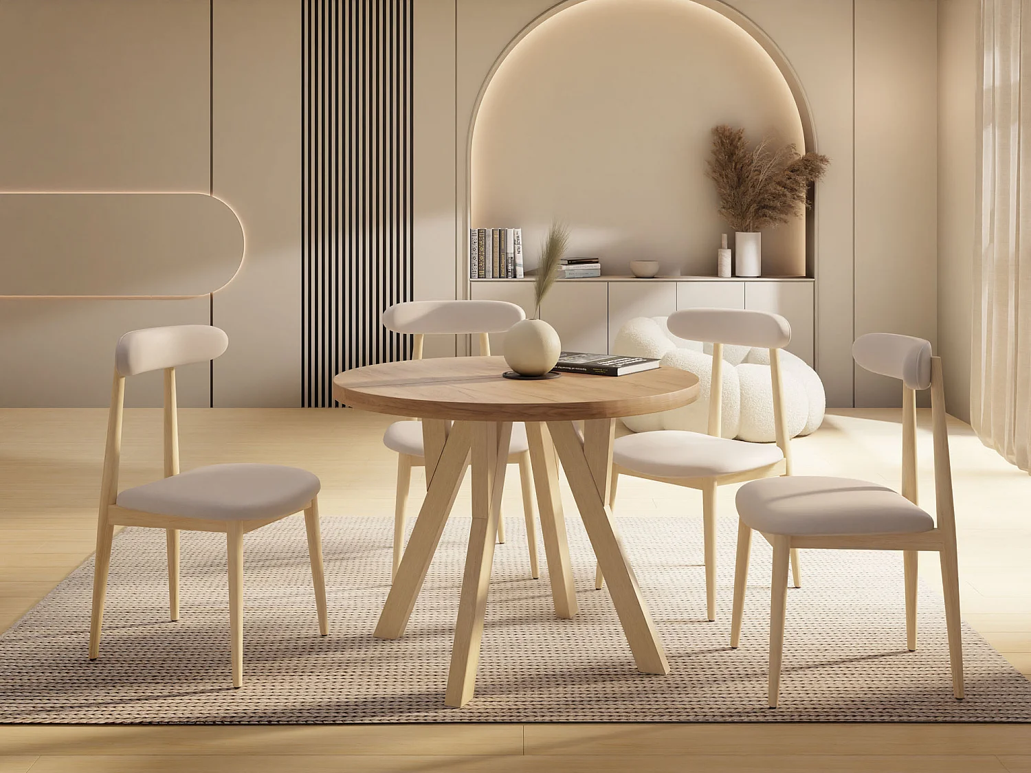 Runder Ausziehbarer Esstisch im Loft-Stil – Industrieller Tisch mit Holzbeinen – Platzsparender Tisch für Wohnzimmer – Eiche Craft Braun – 80 bis 160 cm