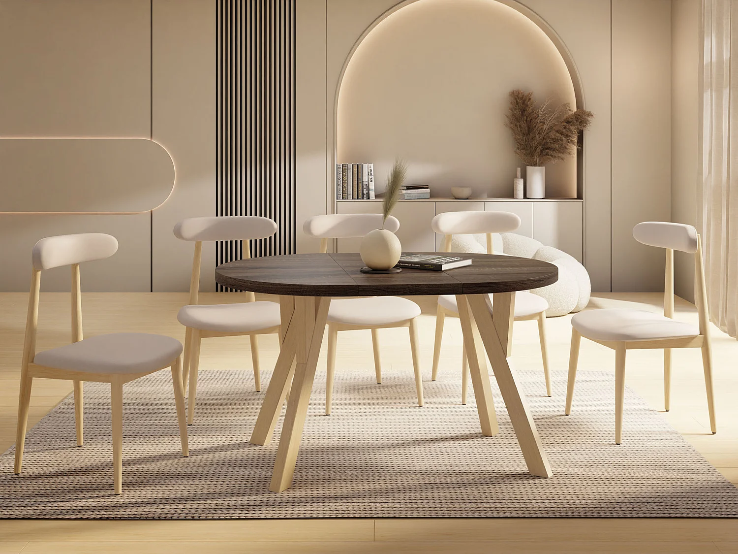 Runder Ausziehbarer Esstisch im Loft-Stil – Industrieller Tisch mit Holzbeinen – Platzsparender Tisch für Wohnzimmer – Eiche Sonoma Dunkelbraun – 100 bis 140 cm