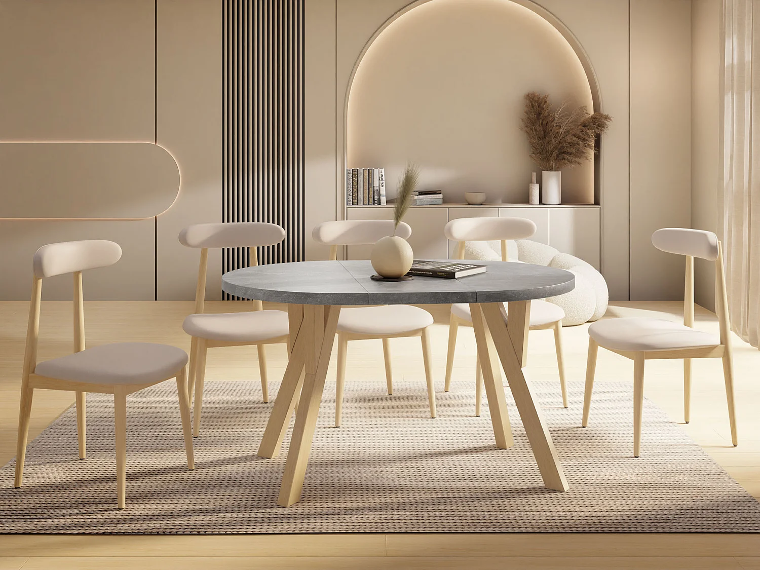 Runder Ausziehbarer Esstisch im Loft-Stil – Industrieller Tisch mit Holzbeinen – Platzsparender Tisch für Wohnzimmer – Beton Grau – 100 bis 140 cm