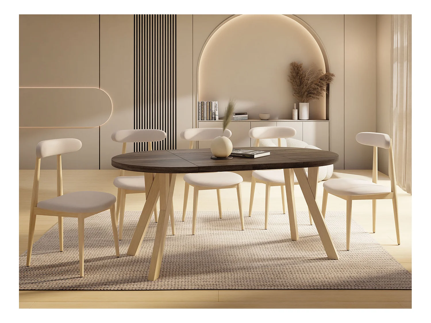 Runder Ausziehbarer Esstisch im Loft-Stil – Industrieller Tisch mit Holzbeinen – Platzsparender Tisch für Wohnzimmer – Eiche Sonoma Dunkelbraun – 80 bis 160 cm