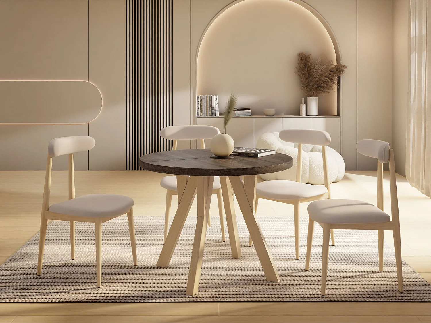 Runder Ausziehbarer Esstisch im Loft-Stil – Industrieller Tisch mit Holzbeinen – Platzsparender Tisch für Wohnzimmer – Eiche Sonoma Dunkelbraun – 100 bis 200 cm