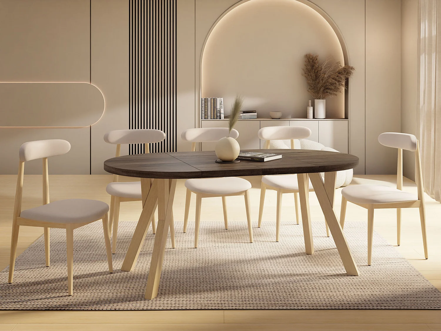 Runder Ausziehbarer Esstisch im Loft-Stil – Industrieller Tisch mit Holzbeinen – Platzsparender Tisch für Wohnzimmer – Eiche Sonoma Dunkelbraun – 100 bis 200 cm