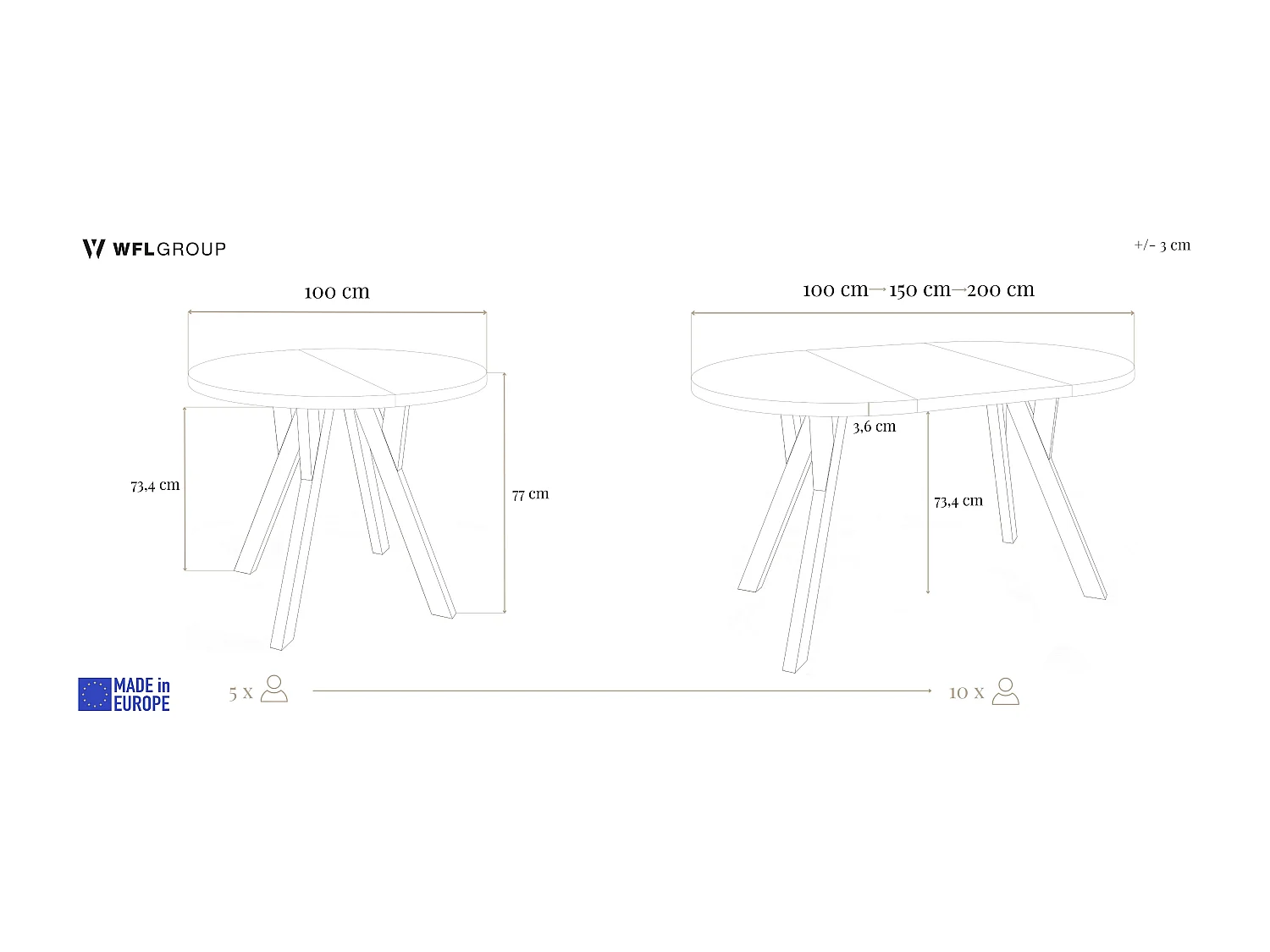 Runder Ausziehbarer Esstisch im Loft-Stil – Industrieller Tisch mit Holzbeinen – Platzsparender Tisch für Wohnzimmer – Weiß – 100 bis 200 cm