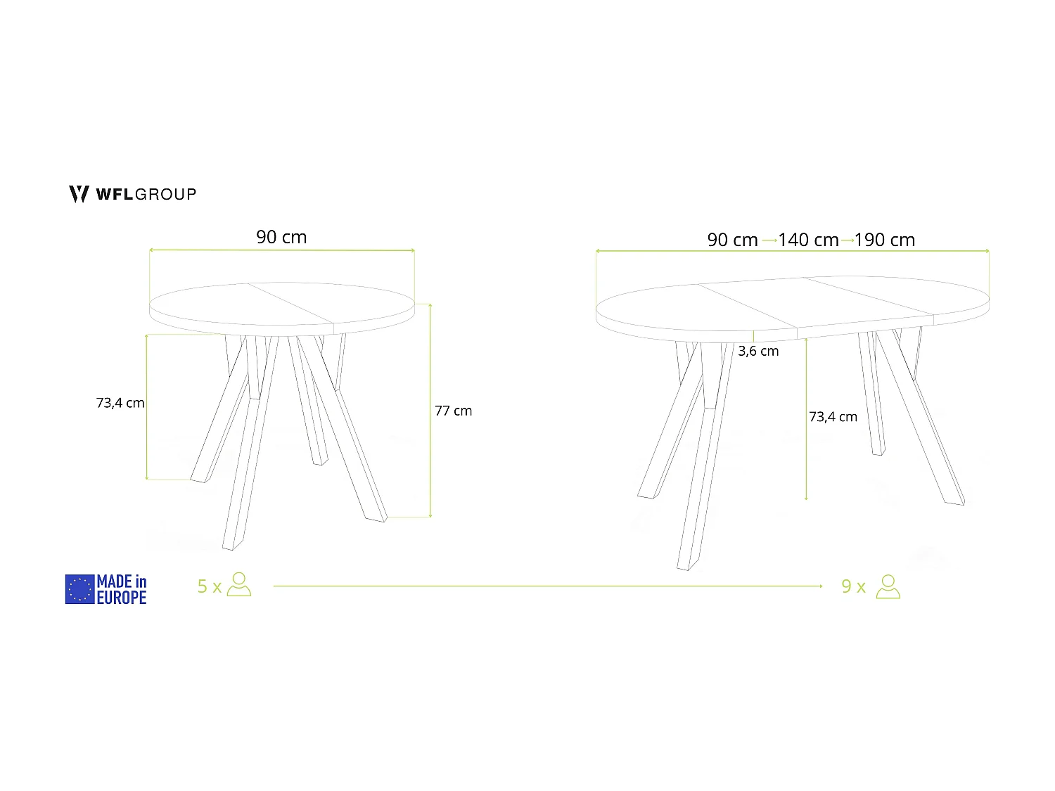 Runder Ausziehbarer Esstisch im Loft-Stil – Industrieller Tisch mit Holzbeinen – Platzsparender Tisch für Wohnzimmer – Beton Grau – 90 bis 190 cm