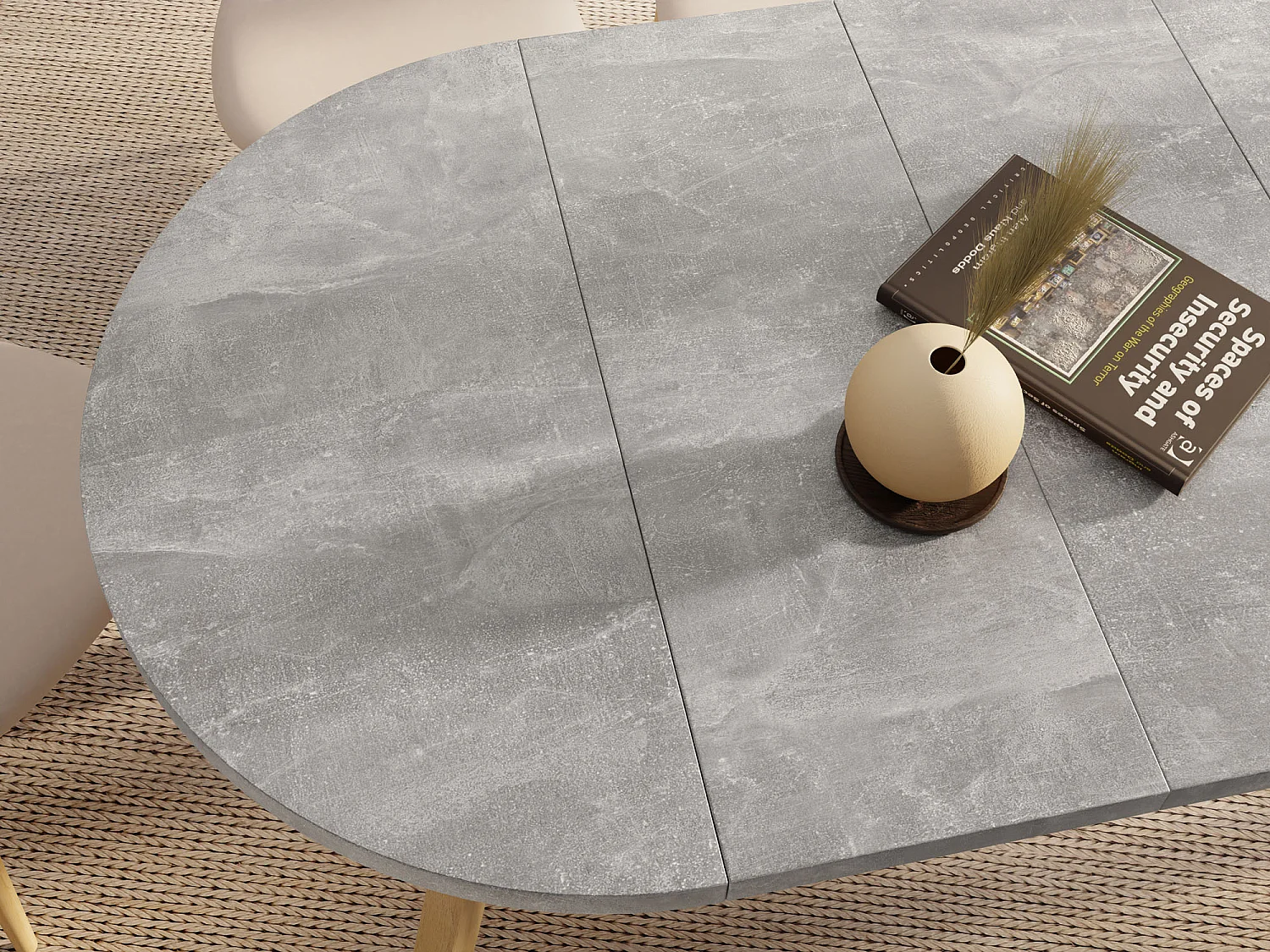 Runder Ausziehbarer Esstisch im Loft-Stil – Industrieller Tisch mit Holzbeinen – Platzsparender Tisch für Wohnzimmer – Beton Grau – 80 bis 160 cm